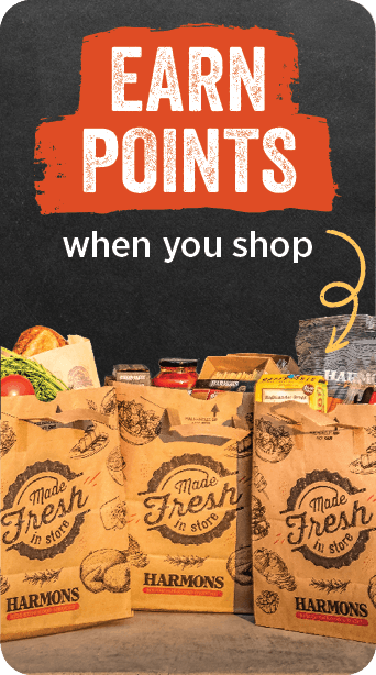 Earn points when you shop — Harmons “Made Fresh in store” paper grocery bags filled with groceries