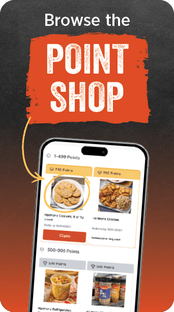 Browse the Point Shop — a phone showing the Point Shop in the Harmons app