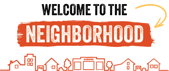 Welcome to the neighborhood — line-art illustration of a street of houses and shops with a Harmons store at its centre